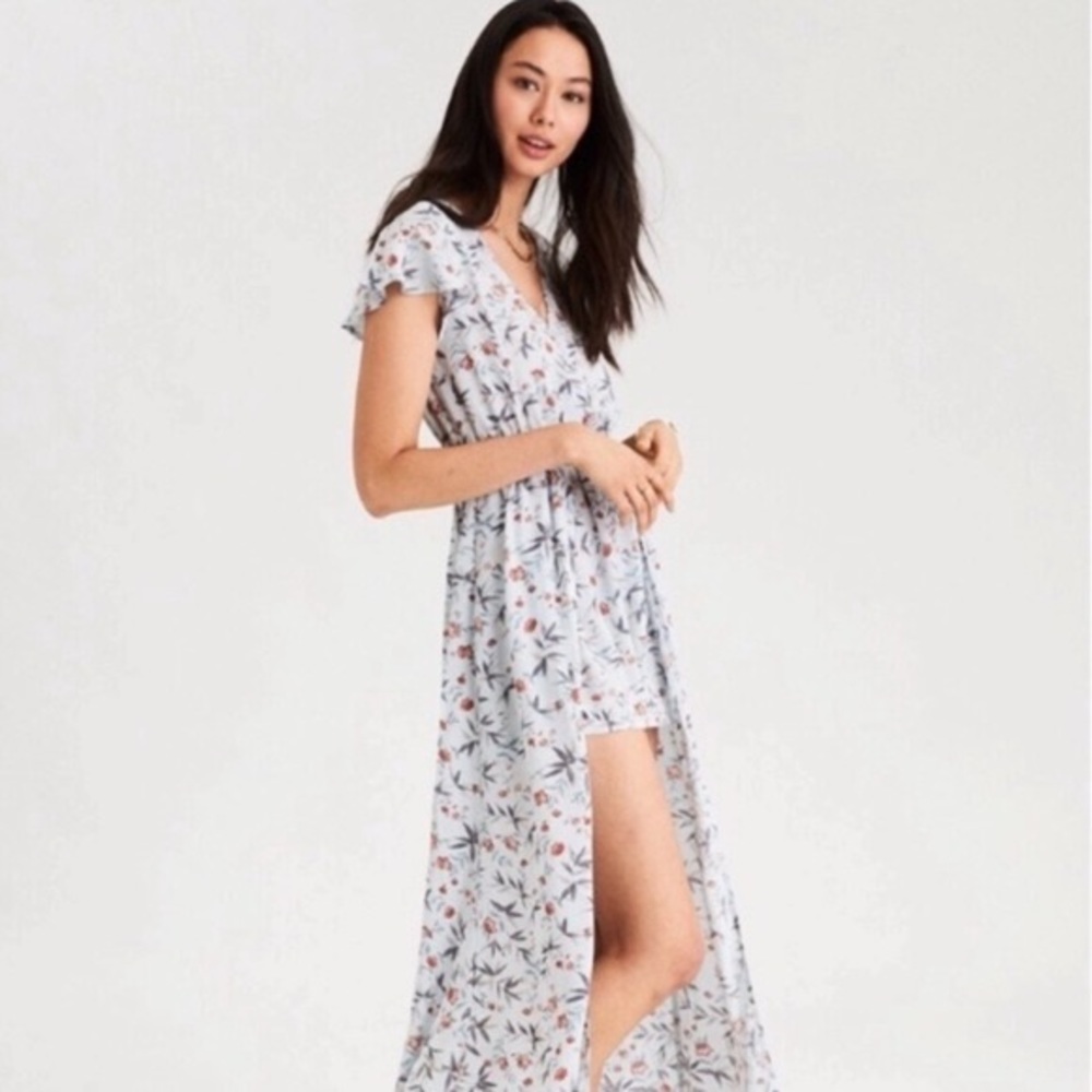 American Eagle Blue Floral Print Maxi Romper